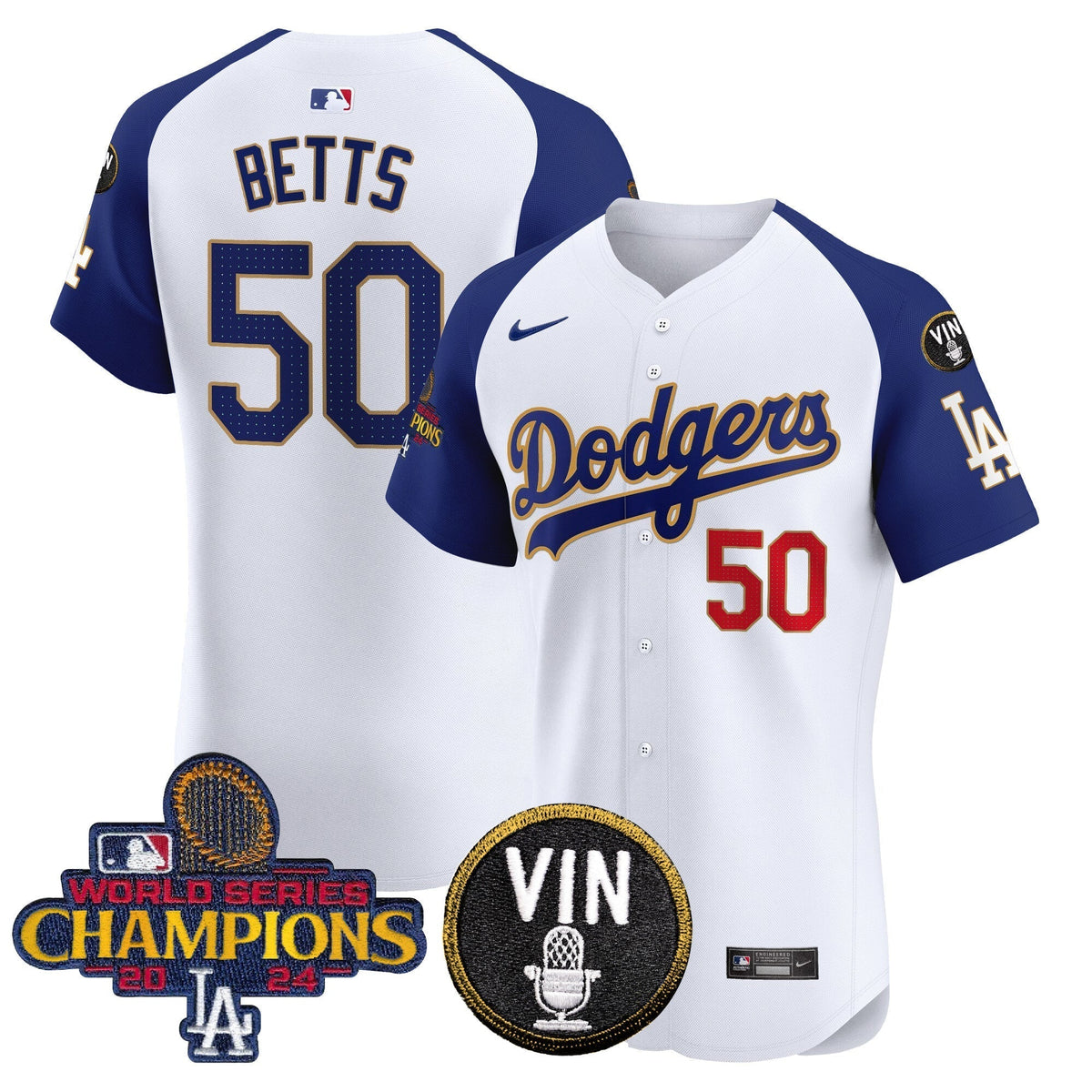 Dodgers 2024 World Series Champions Gold Trim Vapor Premier Elite Jersey - All Stitched