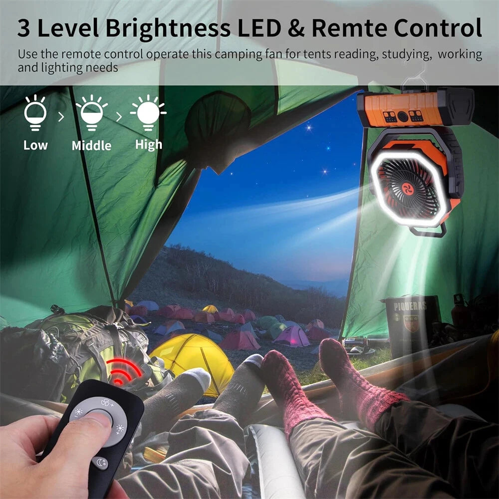 20000mAh Battery Operated Fan Portable Rechargeable Desk/Camping Fan with LED Light and Hook Outdoor Fan for Tent Car Trip