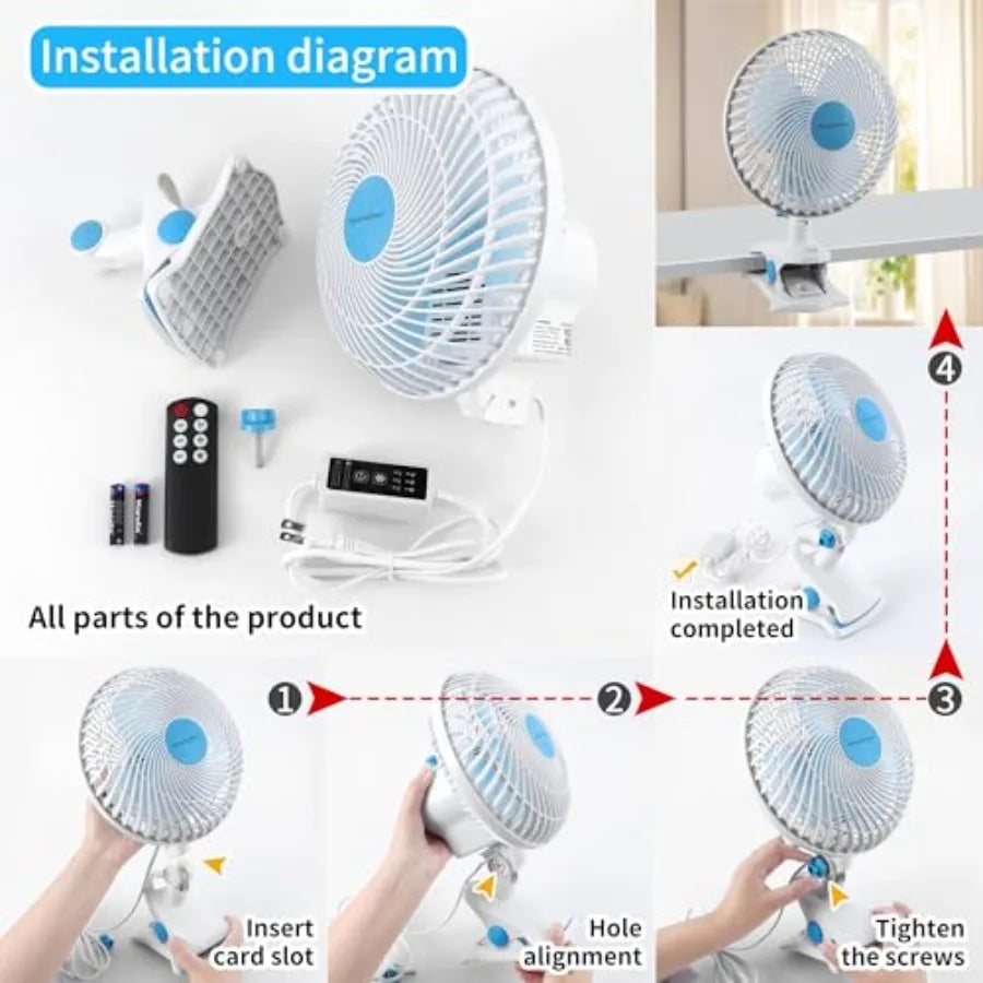 Oscillating Clip on Fan 9-Inch With Remote control Portable Desk Fan Adjustable Tilt w/Sturdy Clamp 3 Speed 3 Timer Shaking Fan